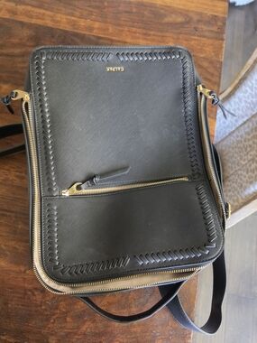 Calpak Black Leather Messenger Bag with Gold Hardware